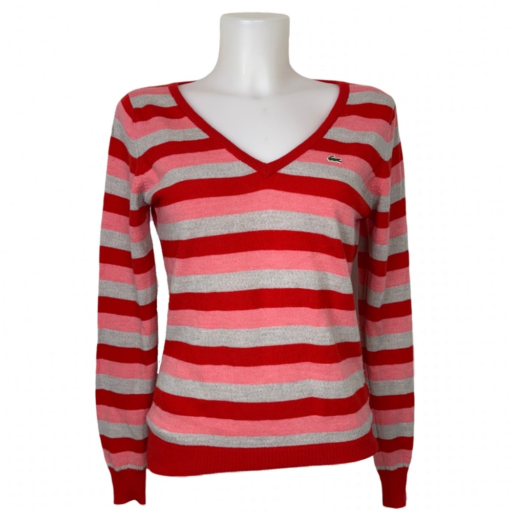 Lacoste Women's Wool V-Neck Sweater - Red, Pink and Gray Stripes